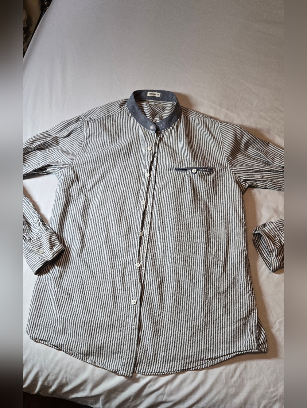RedTag Man Brand Shirt Size Large Blue Stripe Mandarin Collar No Care Tag